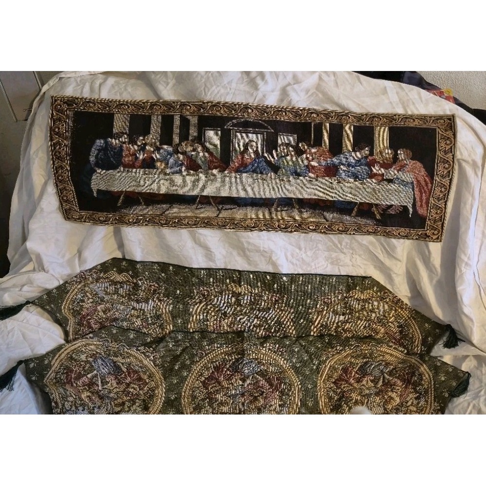 Lot of 2 Woven Tapestries Last Supper &‎ Victorian Table Runner Wall Decor